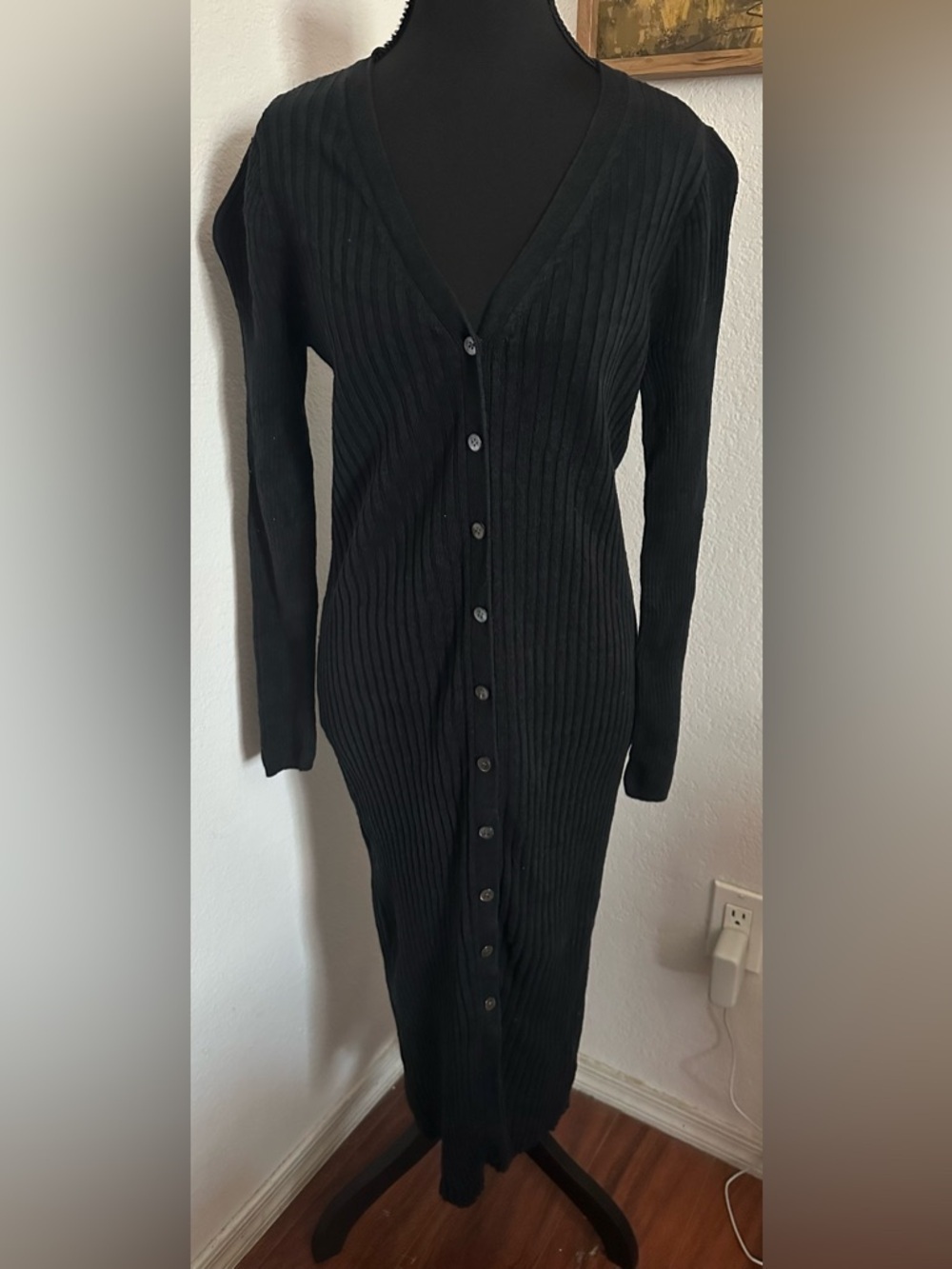 Alex Mill Black V Neck Ribbed Button-Front Black Midi Dress - Size Small